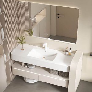 Bathroom Vanity with Sintered Stone Sink, Sidesplash, 1 Mirror, White Base, 3 Doors, Ink Faucet, and Contemporary Style, 35.5"L x 20"W x 16"H, Bathroom Vanity & Faucet & Smart Square Mirror