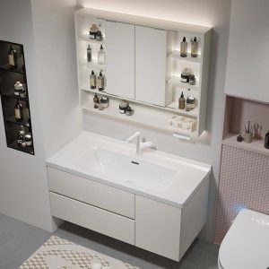 Light Gray Faucet Bathroom Vanity with 4 Doors & Beige Base & White Ceramic Rectangle Sink & Contemporary Style, Vanity & Faucet & Mirror Cabinet, 48"L x 20"W x 20"H