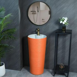 Hand Carved Bathroom Sink Freestanding Faucet Porcelain Pop-Up Drain Round - Sink Blue