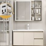 Elliptical Spill Proof Bathroom Vanity with Chalk Faucet, Beige Base, 3 Doors, Shelf, and Backsplash, Vanity & Faucet & Mirror Cabinet, 32"L x 20"W x 19"H