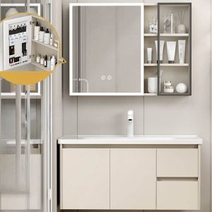 Elliptical Spill Proof Bathroom Vanity with Chalk Faucet, Beige Base, 3 Doors, Shelf, and Backsplash, Vanity & Faucet & Mirror Cabinet, 32"L x 20"W x 19"H