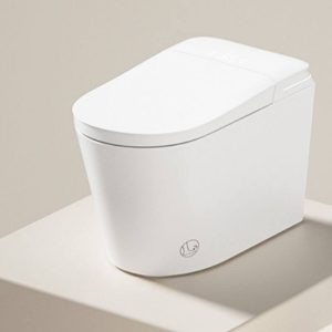 Modern One-Piece Toilet with Super Vortex Siphon Flush, 12" Rough In, Concealed Tank, Synthetic Seat Material, White Finish, and Antimicrobial Seat, Automatic Flip Cover (Upgrade)