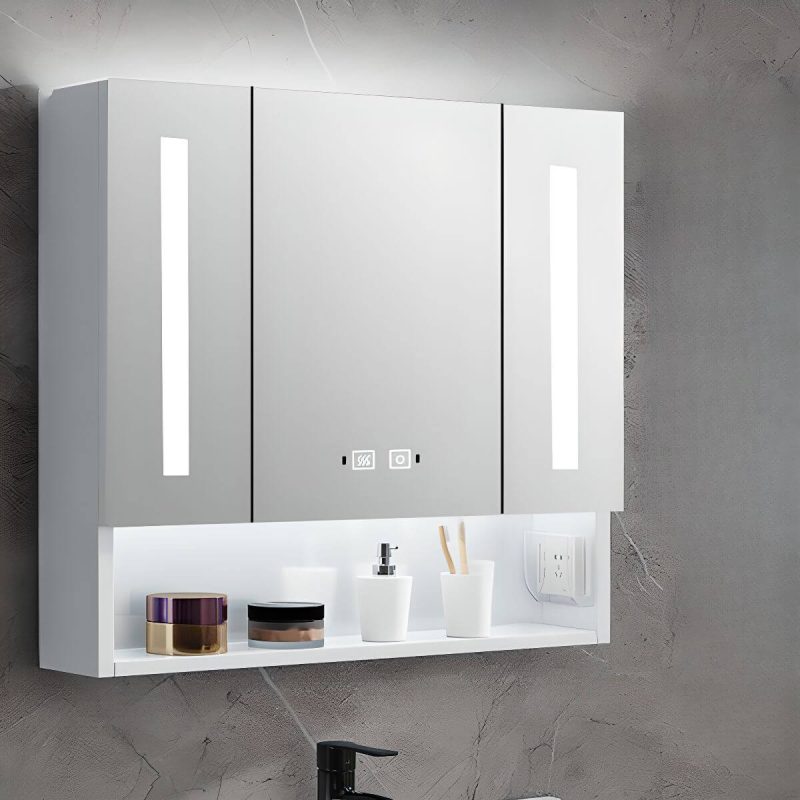 Medicine Cabinet with USB Outlet, Stainless Steel, 5 Shelves, White Finish, Illumination Light, Rectangle Shape, and Hydrophobic Resistance, 39"L x 5"W x 31"H