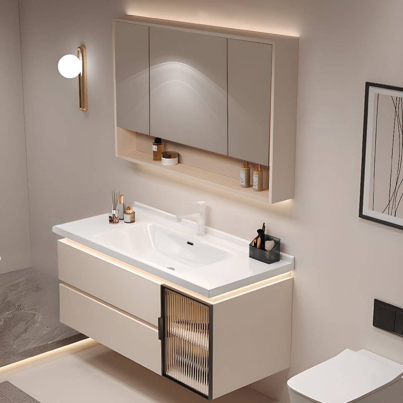 White Bathroom Vanity with 4 Doors, Backsplash, 2 Drawers, Plug-in Medicine Cabinet, and Water-resistant Durability, 40"L x 19"W x 20"H, Vanity & Faucet & Smart Half Mirror Cabinet, Cream