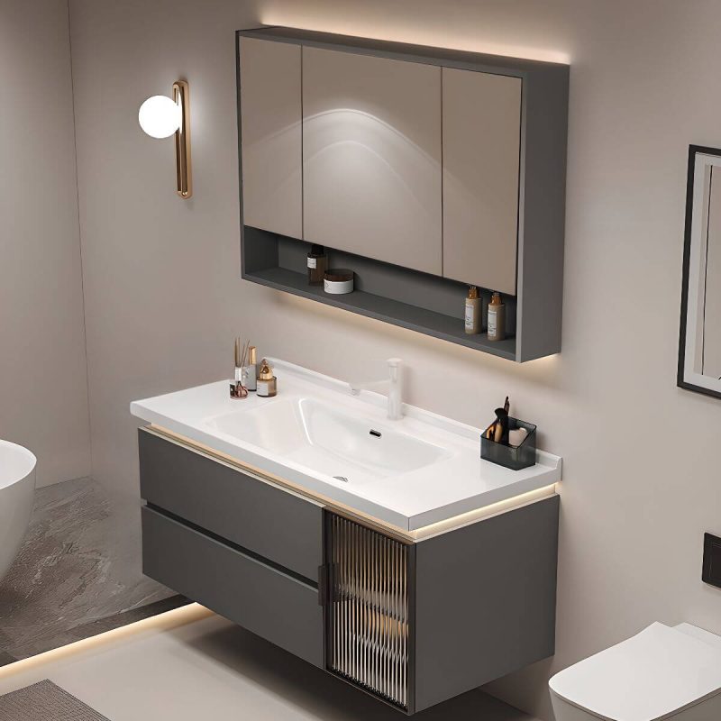 Moisture-proof Chalk Bathroom Vanity with Plug-in 1 Medicine Cabinet, Backsplash, 4 Doors and 2 Drawers, Gray, 36"L x 19"W x 20"H, Vanity & Faucet & Smart Half Mirror Cabinet