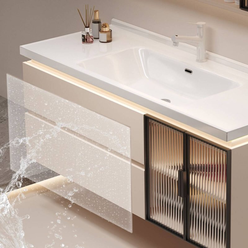 Bathroom Vanity with 5 Doors, White Base, Backsplash, 2 Drawers, Plug-in, 1 Medicine Cabinet, and Water-resistant, 48"L x 19"W x 20"H, Vanity & Faucet & Smart Half Mirror Cabinet