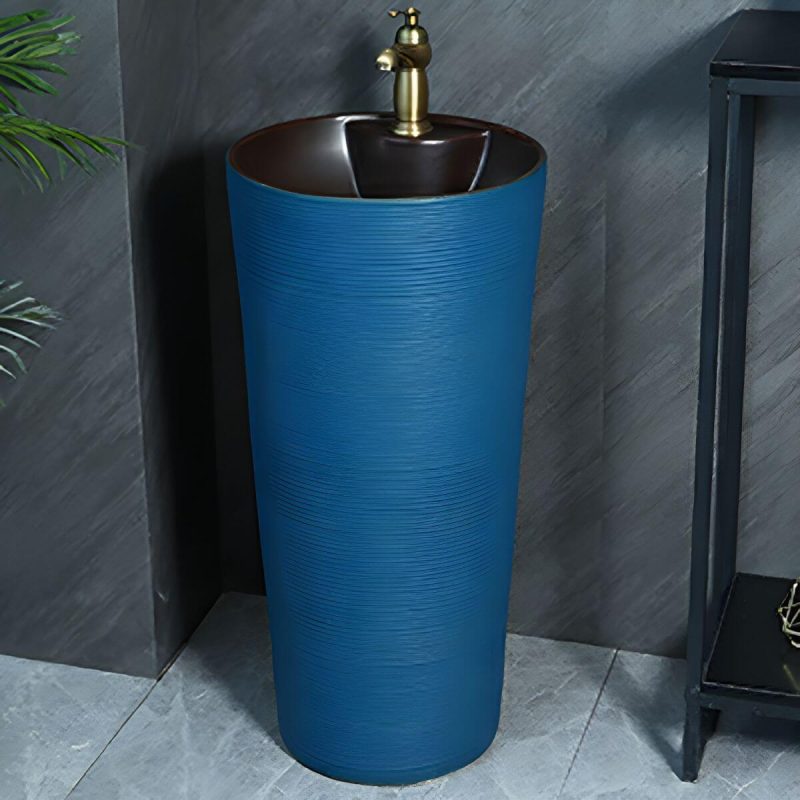 Hand Carved Bathroom Sink Freestanding Faucet Porcelain Pop-Up Drain Round - Sink with Faucet Royal Blue
