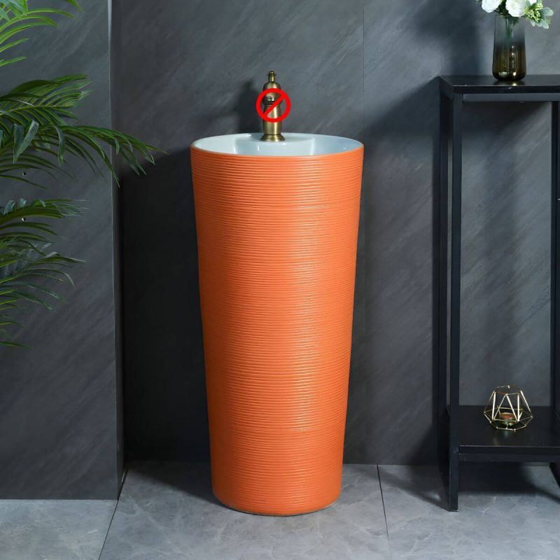 Hand Carved Bathroom Sink Freestanding Faucet Porcelain Pop-Up Drain Round - Sink Orange