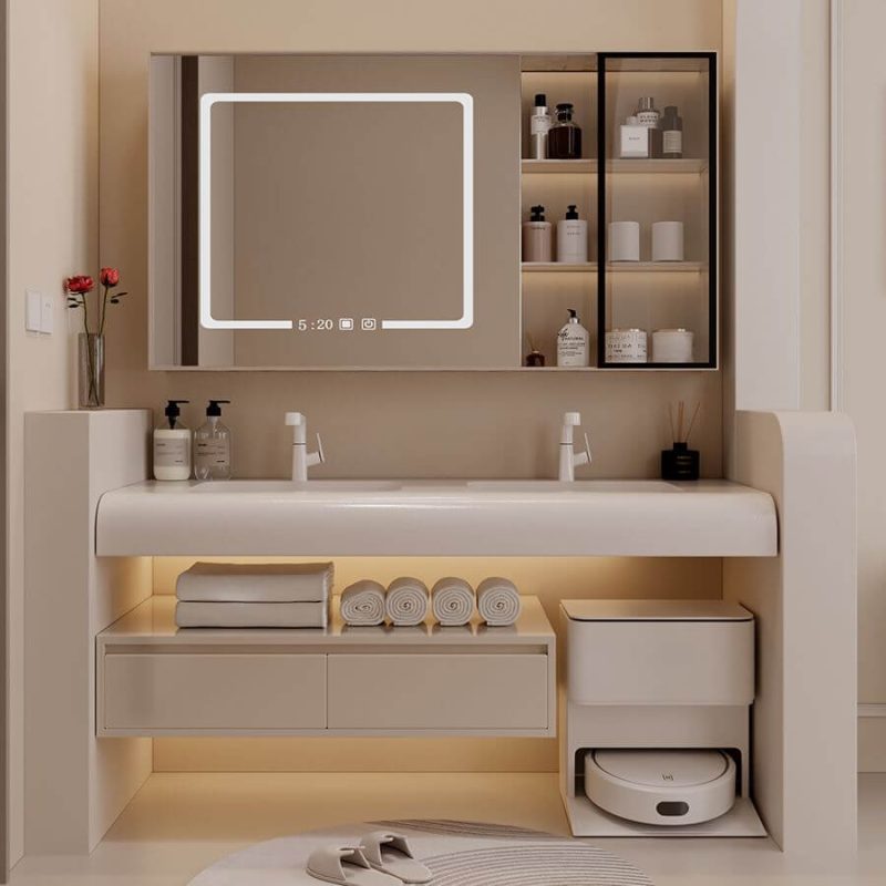 White Bathroom Vanity with 3 Drawers & Sintered Stone Rectangle Sink & White Faucet & 2 Doors & Contemporary Style, 63"L x 20"W x 16"H, Bathroom Vanity & Faucet & Smart Vanity Mirror Cabinet