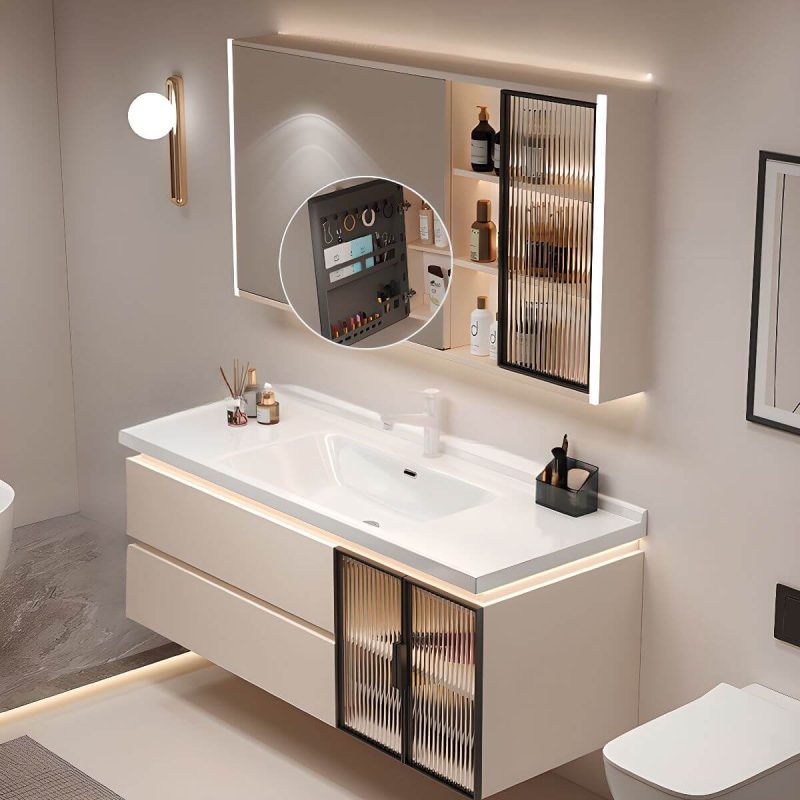 Chalk Backsplash Bathroom Vanity with Plug-in 1 Medicine Cabinet, 4 Doors, Chalk Faucet and 2 Drawers, 48"L x 19"W x 20"H, Bathroom Vanity & Faucet & Smart Vanity Mirror Cabinet, Cream
