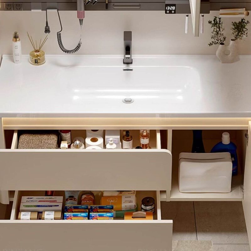 Light Gray Faucet Bathroom Vanity with 4 Doors, Beige Base, White Rectangular Ceramic Sink, and Contemporary Style, 40"L x 20"W x 19"H, Vanity Unit & Faucet & Curved Backlit Smart Mirror Cabinet