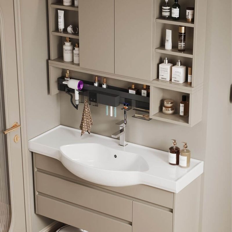 Casual Cream Warp Resistant Bathroom Vanity with Triangular Abstract Sink, 3 Doors, and Overflow Hole in Silver Finish, Vanity & Faucet & Mirror Cabinet, 44"L x 14"W x 20"H