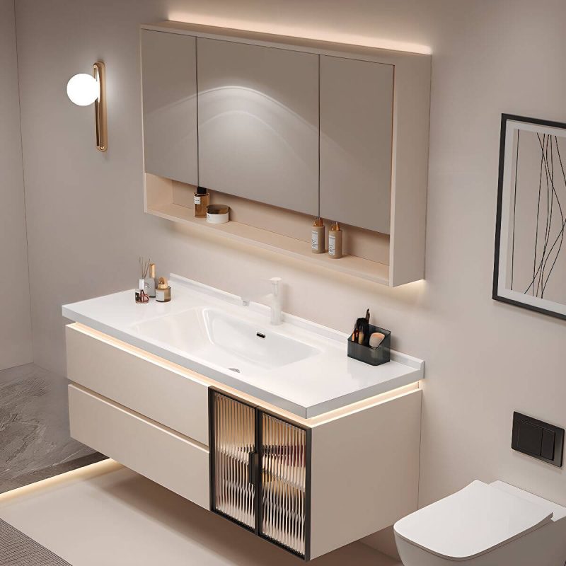 White Bathroom Vanity with 5 Doors, Backsplash, 2 Drawers, Plug-in Medicine Cabinet, and Water-resistant Design, 48"L x 19"W x 20"H, Vanity & Faucet & Smart Half Mirror Cabinet, Cream