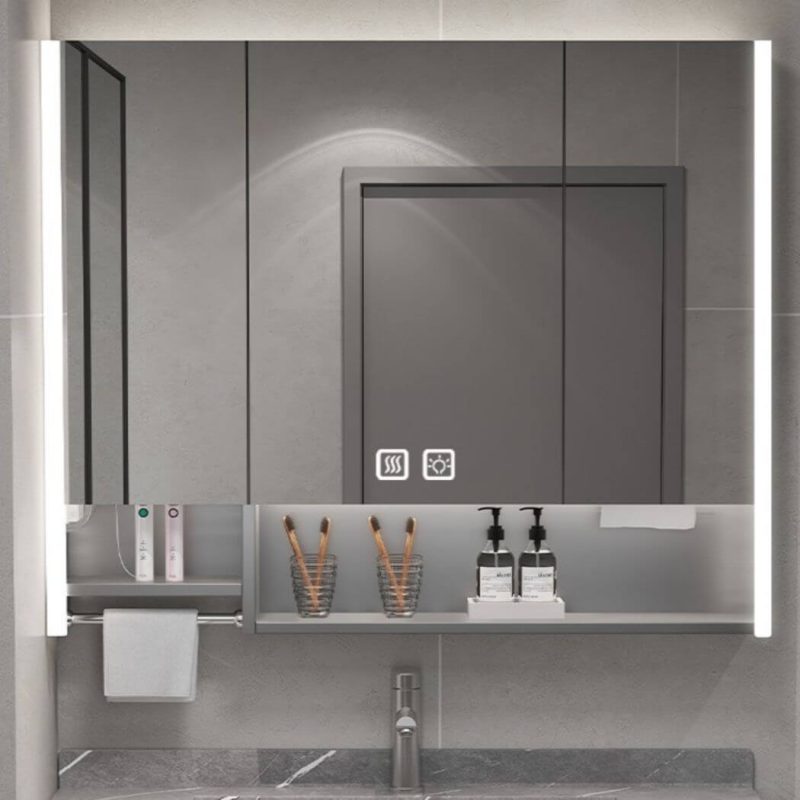Alloy Medicine Cabinet with 7 Shelves, USB Outlet, Gray Finish, Illumination Light, Rectangle Shape, and Hydrophobic Resistance, 43"L x 5"W x 35"H