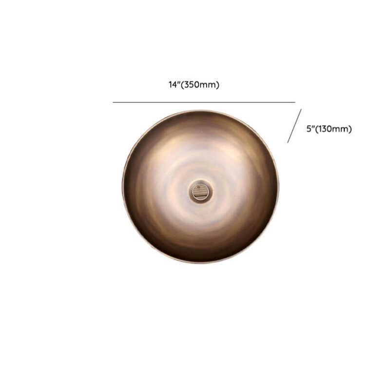 Dimension of Simple Copper Orbicular Bowl Sink with Center Trapway, Antique Brass, 14"L x 14"W x 5"H