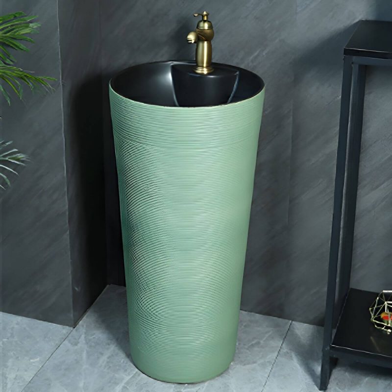 Hand Carved Bathroom Sink Freestanding Faucet Porcelain Pop-Up Drain Round - Sink White