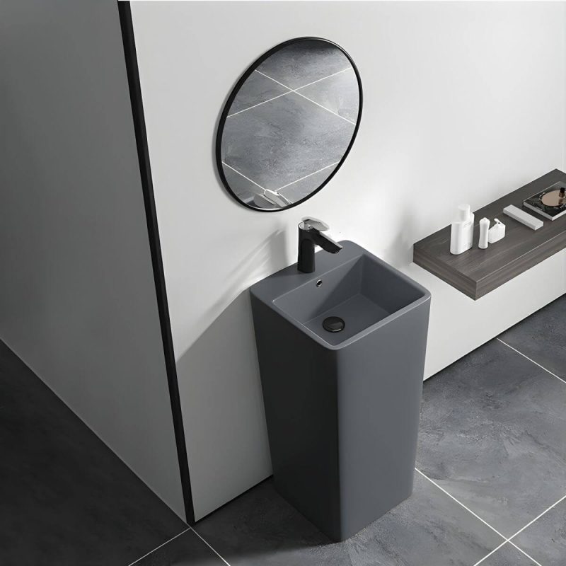 69cm Modern Ceramic Rectangular Pedestal Sink with Supply Lines & Tall Height - Sink & Faucet & Mirror Grey