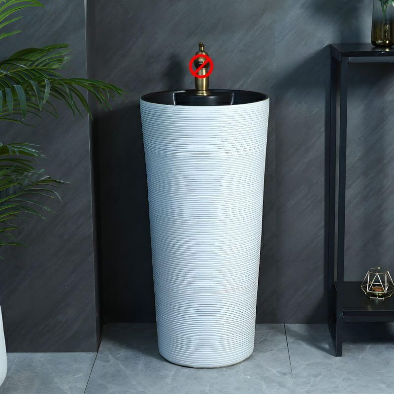 Hand Carved Bathroom Sink Freestanding Faucet Porcelain Pop-Up Drain Round - Sink White