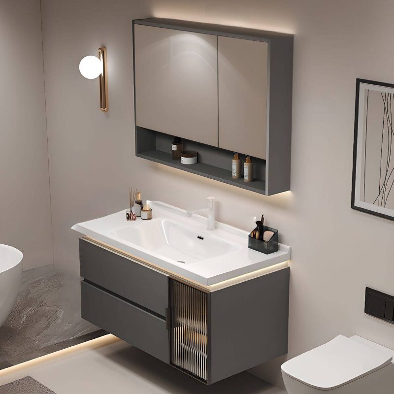 Watertight White Bathroom Vanity with Plug-in 1 Medicine Cabinet, Backsplash, 2 Drawers and Soft Close Door Hinge, Gray, 32"L x 19"W x 20"H, Vanity & Faucet & Smart Half Mirror Cabinet