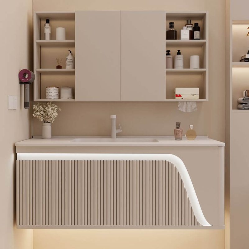 Bathroom Vanity with 1 Drawer, White Faucet, Beige Base, 3 Doors, Rectangular Ceramic Sink, and Contemporary Style, 43.3"L x 19.7"W x 19.7"H, Vanity & Faucet & Fully Sealed Smart Mirror Cabinet