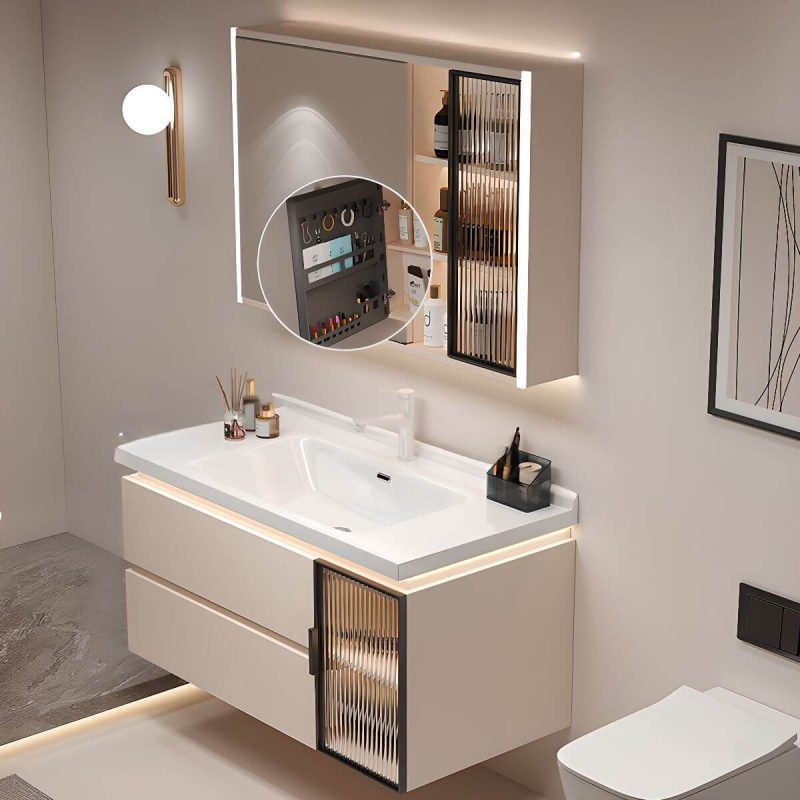 Damp-proof White Bathroom Vanity with Plug-in 1 Medicine Cabinet, Backsplash, White Faucet and 2 Drawers, 32"L x 19"W x 20"H, Bathroom Vanity & Faucet & Smart Vanity Mirror Cabinet, Cream