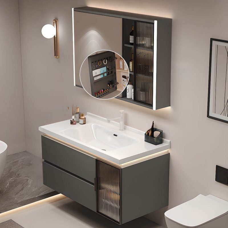 Watertight Chalk Bathroom Vanity with Plug-in 1 Medicine Cabinet, Backsplash, 2 Drawers and Soft Close Door Hinge, Gray, 28"L x 19"W x 20"H, Bathroom Vanity & Faucet & Smart Vanity Mirror Cabinet