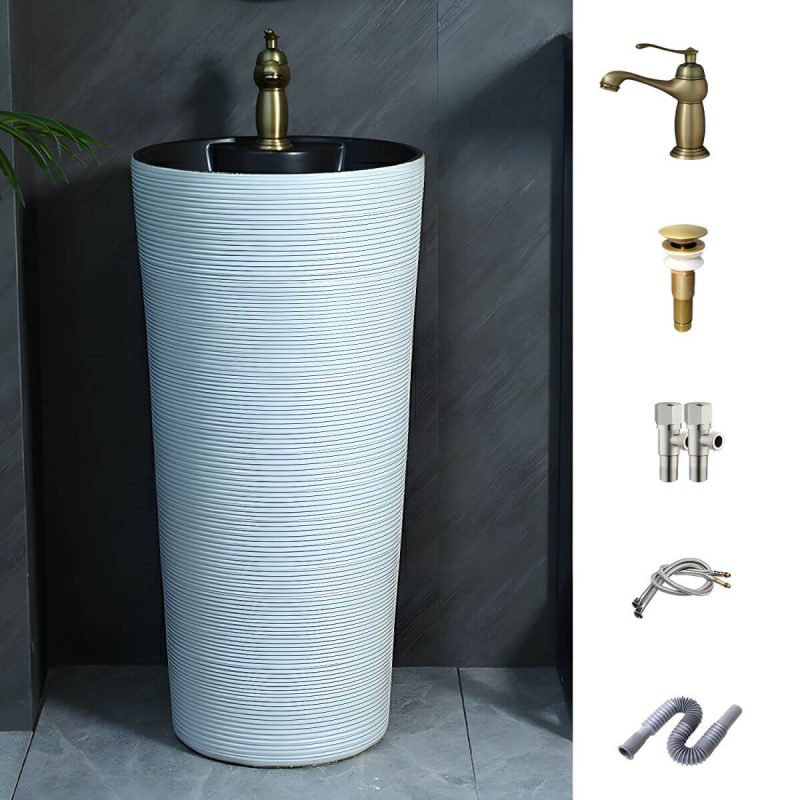 Hand Carved Bathroom Sink Freestanding Faucet Porcelain Pop-Up Drain Round - Sink with Faucet White