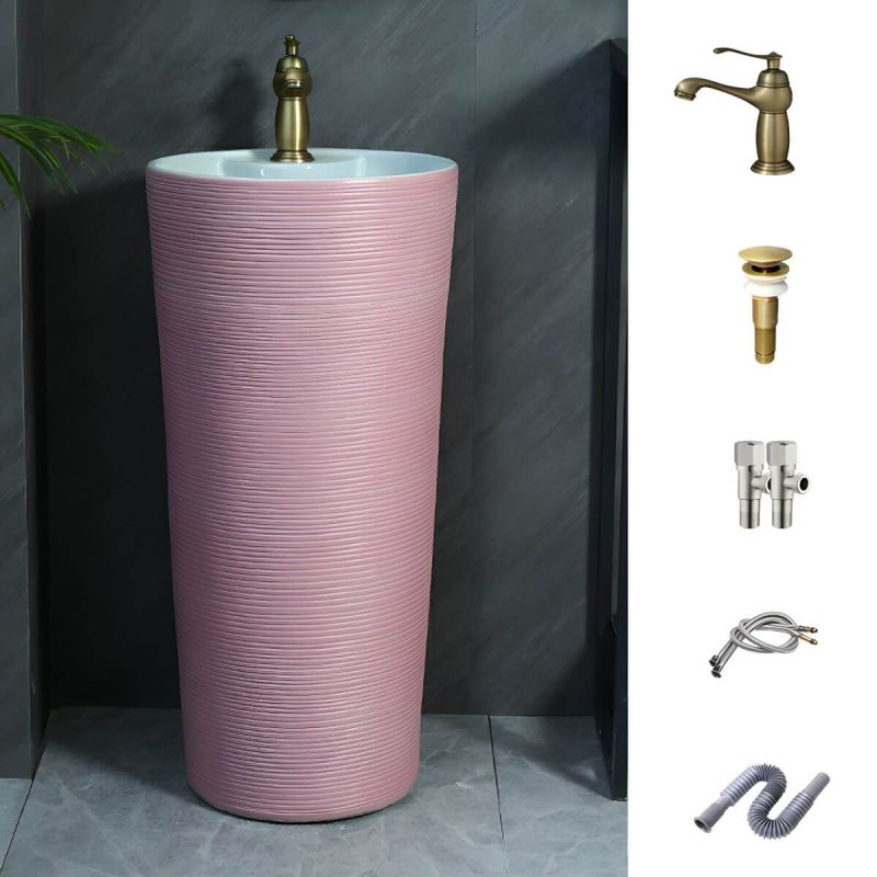 Hand Carved Bathroom Sink Freestanding Faucet Porcelain Pop-Up Drain Round - Sink with Faucet Pink