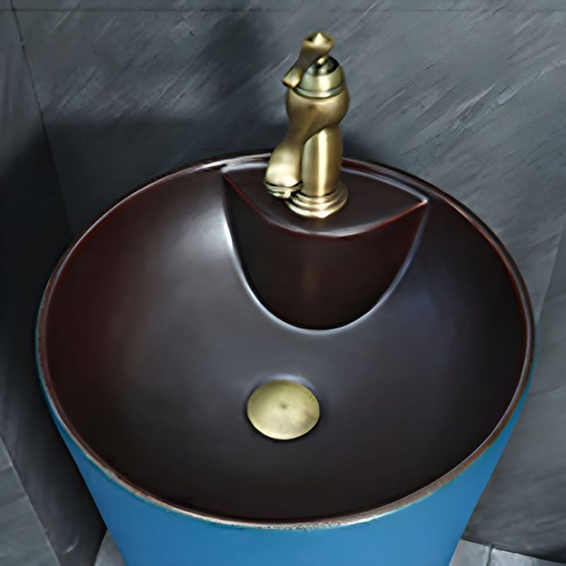 Hand Carved Bathroom Sink Freestanding Faucet Porcelain Pop-Up Drain Round - Sink Navy Blue