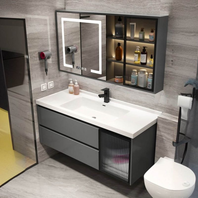 White Spill Proof Rectangular Ceramic Bathroom Vanity with 3 Doors, Dove Grey Base and Backsplash, 47"L x 20"W x 20"H, Bathroom Vanity & Faucet & Smart Mirror Cabinet with Glass Door