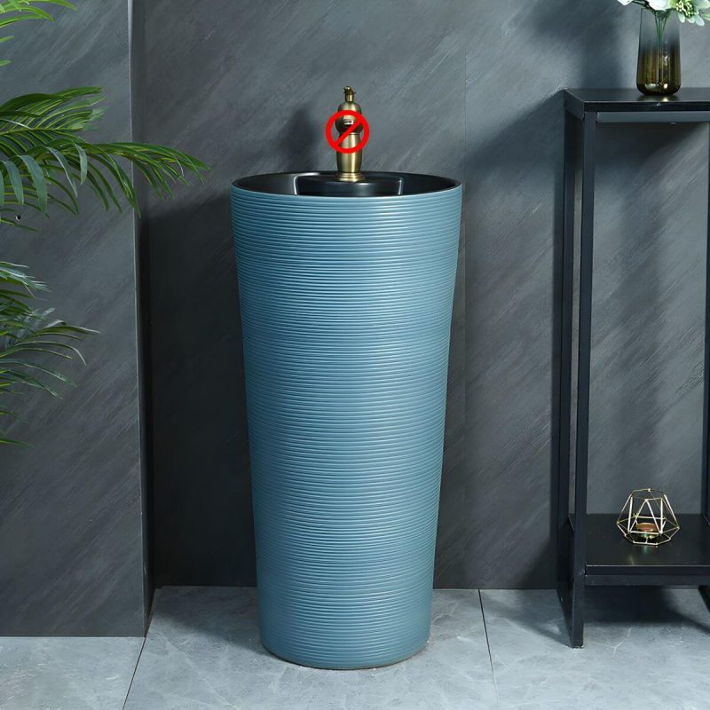 Hand Carved Bathroom Sink Freestanding Faucet Porcelain Pop-Up Drain Round - Sink Blue