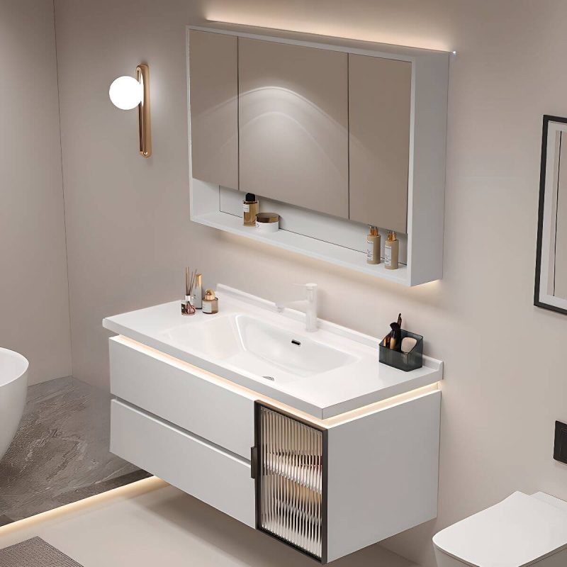 Chalk Backsplash Bathroom Vanity with Plug-in 1 Medicine Cabinet, 4 Doors and Chalk 2 Drawers, 40"L x 19"W x 20"H, Vanity & Faucet & Smart Half Mirror Cabinet
