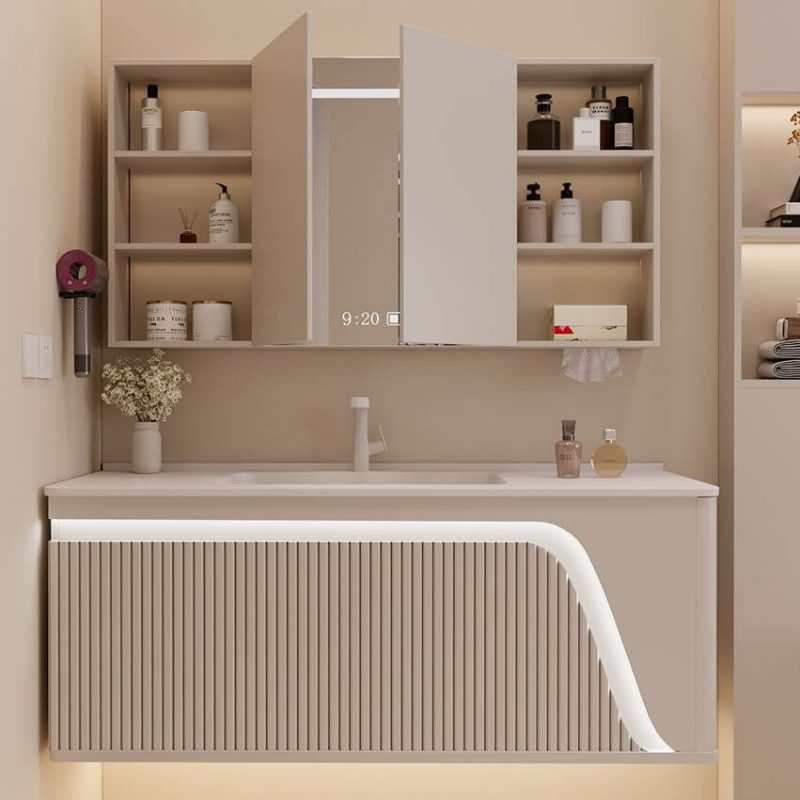 Bathroom Vanity with 1 Drawer, White Faucet, Beige Base, 2 Doors, Rectangular Ceramic Sink, and Contemporary Style, 31.5"L x 20"W x 20"H, Bathroom Vanity & Faucet & Smart Vanity Mirror Cabinet