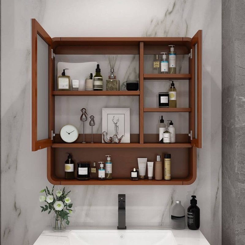 Brown Medicine Cabinet with 5 Shelves, Illumination Light, Rectangle Shape, Hydrophobic Resistance, Plug-in, and Mirroring, 35"L x 6"W x 31"H