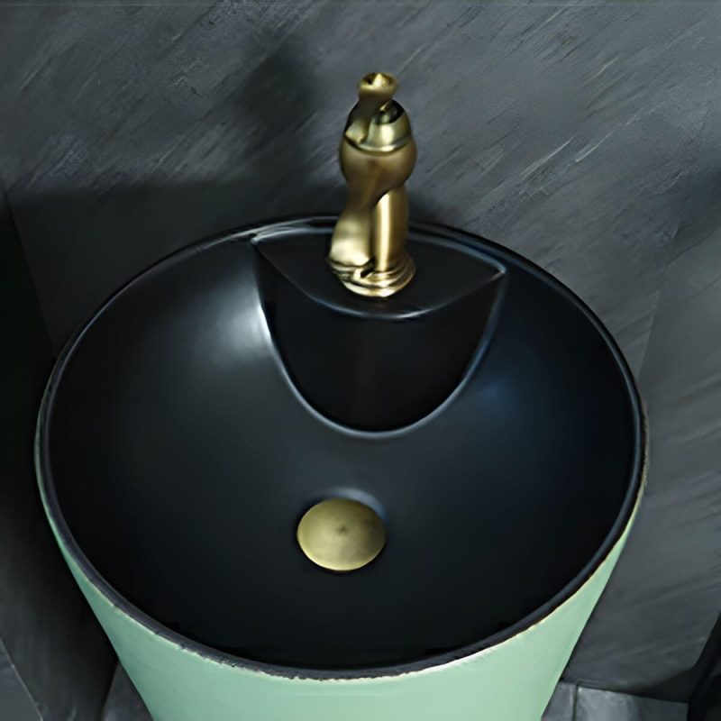 Hand Carved Bathroom Sink Freestanding Faucet Porcelain Pop-Up Drain Round - Sink with Faucet Royal Blue