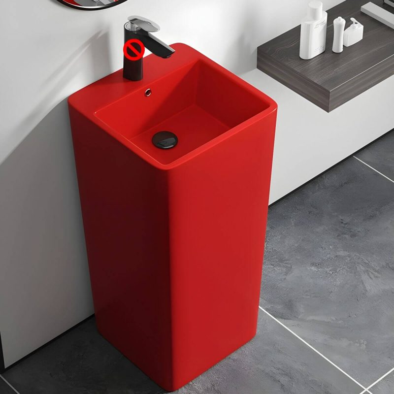 69cm Modern Ceramic Rectangular Pedestal Sink with Supply Lines & Tall Height - Sink Red