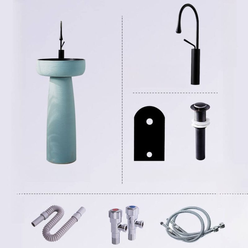 Azure Pedestal Bathroom Sink with Orbicular Shape, 1 Hole, Supply Line, Shutoff Valve, and Center Trapway, Gooseneck Faucet