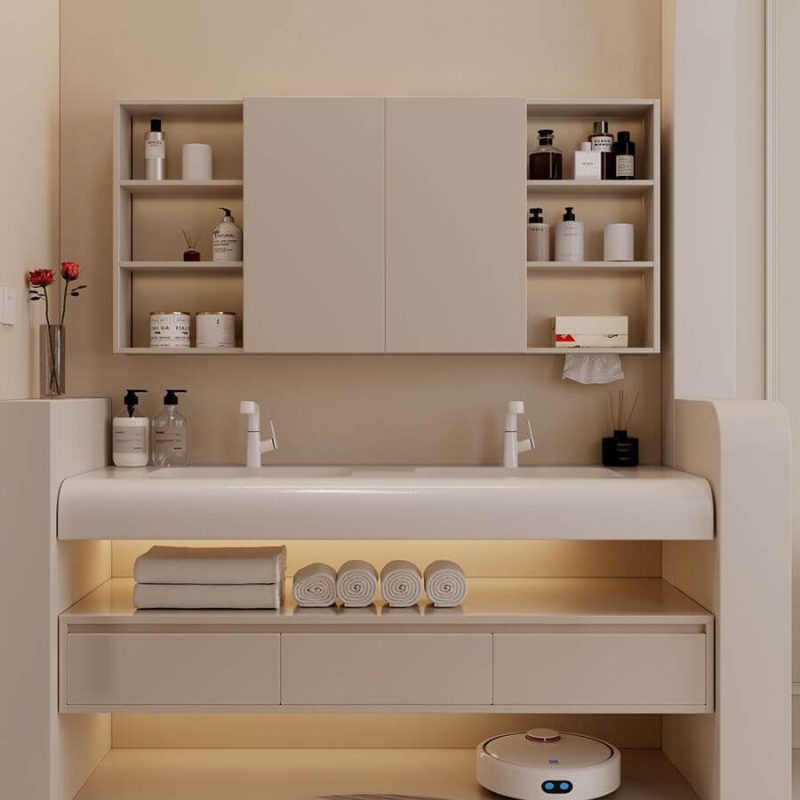 White Bathroom Vanity with 3 Drawers & Sintered Stone Rectangle Sink & 2 Doors & Contemporary Style & Shelf, 55"L x 20"W x 16"H, Bathroom Vanity & Faucet & Smart Vanity Mirror Cabinet