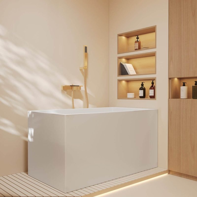 Alcove Bathtub, Overflow Hole, Rectangle Shape, Casual Style, White Color, Back to Wall Design, Polymer Material, Soaking Therapy, 43"L x 26"W x 25"H