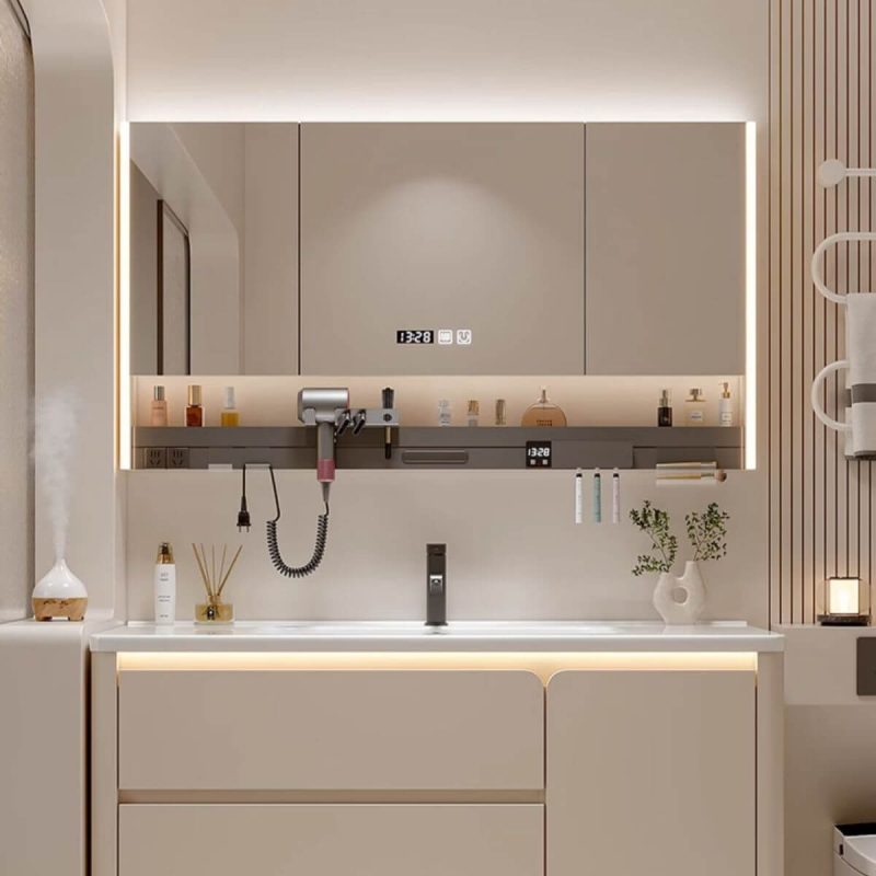 Light Gray Faucet Bathroom Vanity with 4 Doors, Beige Base, White Rectangular Ceramic Sink, and Contemporary Style, 36"L x 20"W x 19"H, Bathroom Vanity & Faucet & Backlit Smart Mirror Cabinet