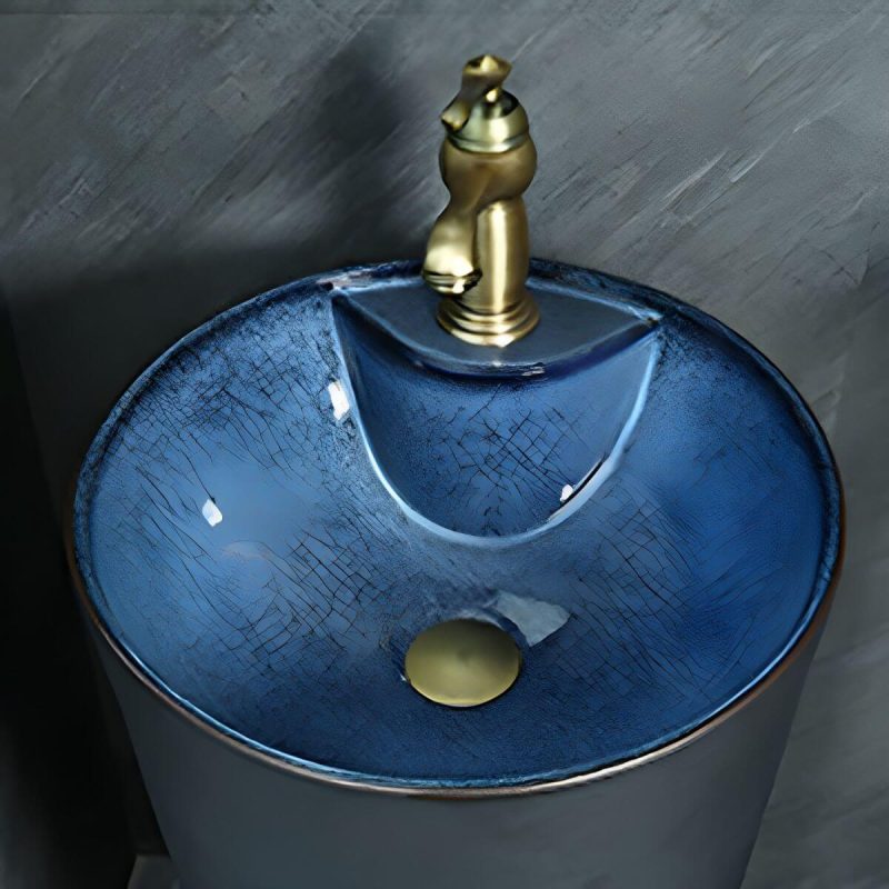 Hand Carved Bathroom Sink Freestanding Faucet Porcelain Pop-Up Drain Round - Sink with Faucet White