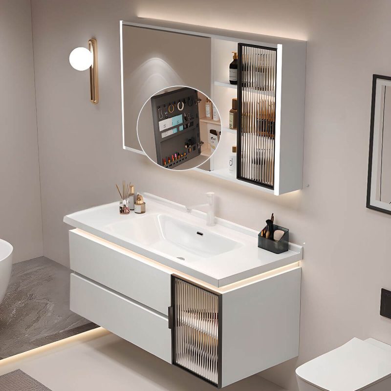 Hydrophobic Chalk Bathroom Vanity with Plug-in 1 Medicine Cabinet, Backsplash, Chalk Faucet and 2 Drawers, 36"L x 19"W x 20"H, Bathroom Vanity & Faucet & Smart Vanity Mirror Cabinet