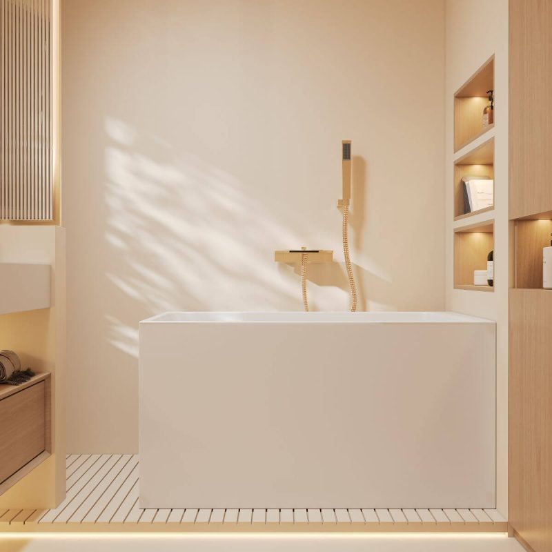Alcove Bathtub, Overflow Hole, Rectangle Shape, Casual Style, White Color, Back to Wall Design, Polymer Material, Soaking Therapy, 55"L x 26"W x 25"H