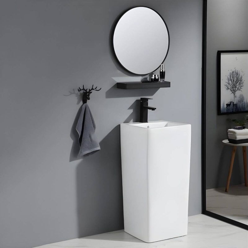 69cm Modern Ceramic Rectangular Pedestal Sink with Supply Lines & Tall Height - Sink & Faucet & Mirror White