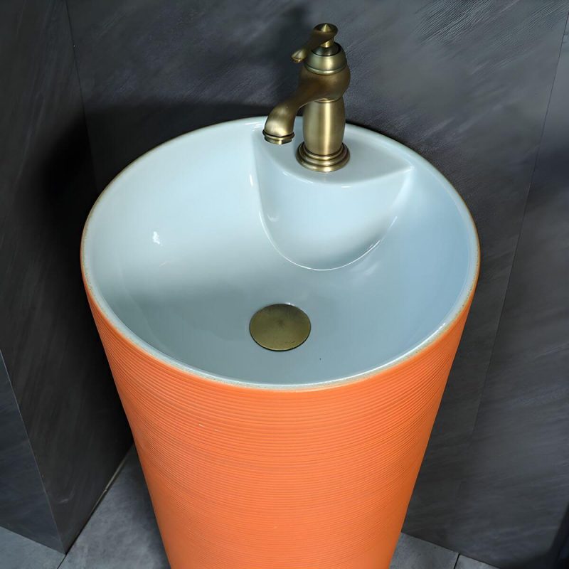 Hand Carved Bathroom Sink Freestanding Faucet Porcelain Pop-Up Drain Round - Sink Pink
