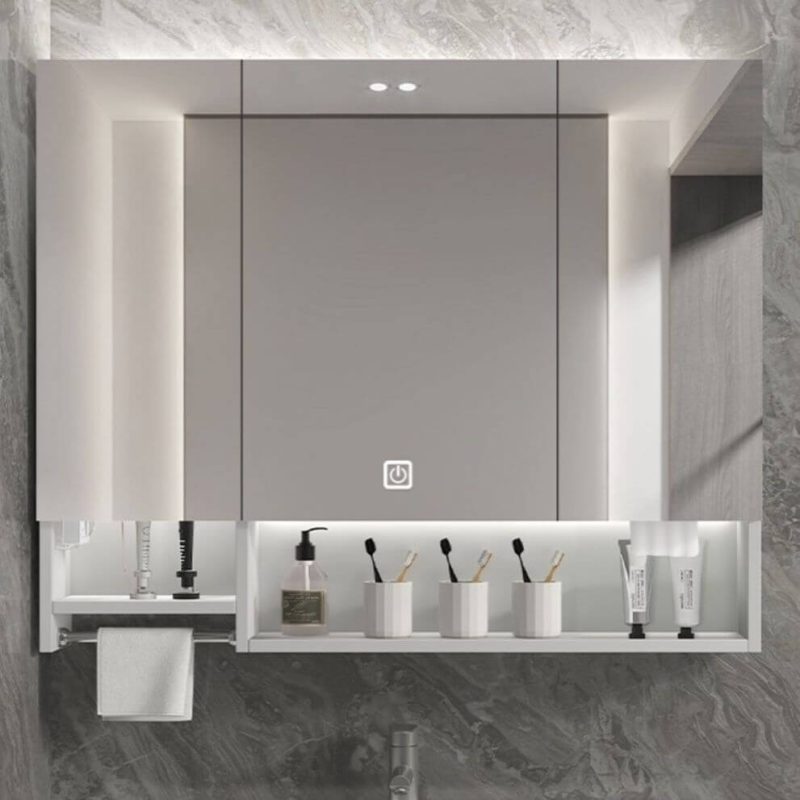 Medicine Cabinet with USB Outlet, 8 Shelves, Stainless Steel, White Finish, Illumination Light, Rectangle Shape, and Hydrophobic Resistance, 51"L x 5"W x 35"H