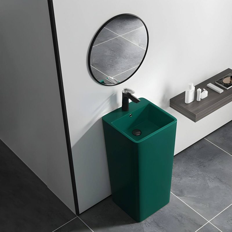 69cm Modern Ceramic Rectangular Pedestal Sink with Supply Lines & Tall Height - Sink & Faucet & Mirror Green