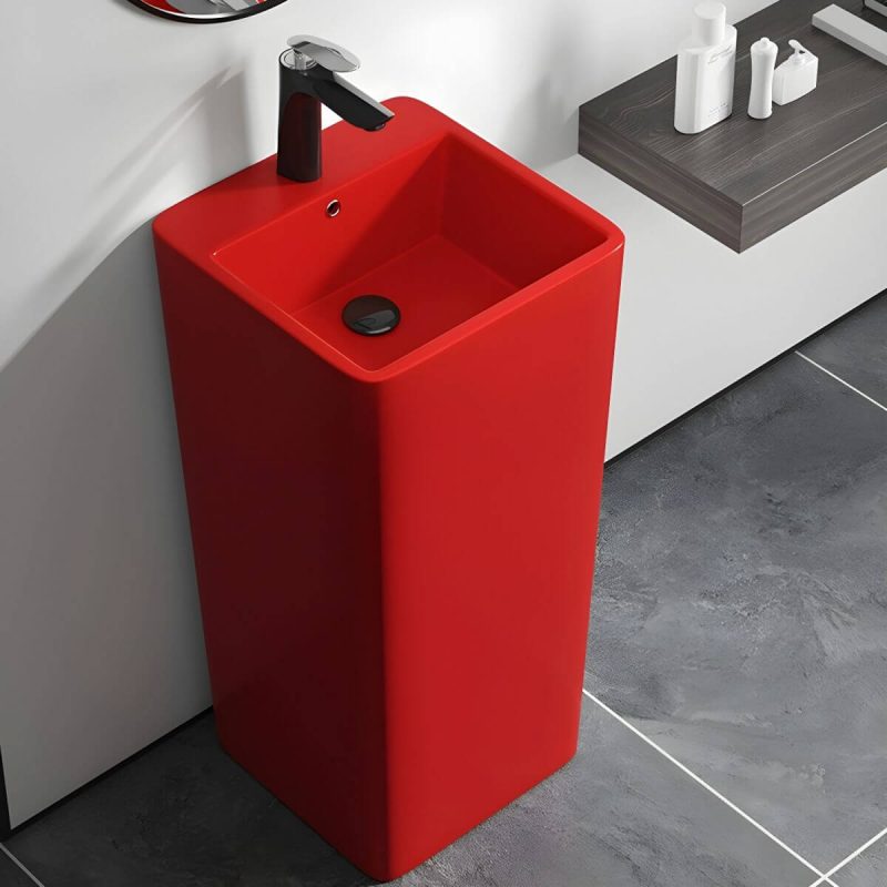 69cm Modern Ceramic Rectangular Pedestal Sink with Supply Lines & Tall Height - Sink with Faucet Red