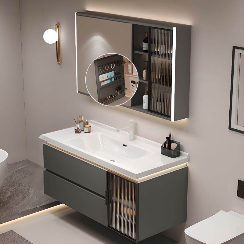 Damp-proof Chalk Bathroom Vanity with Plug-in 1 Medicine Cabinet, Backsplash, 2 Drawers and Soft Close Door Hinge, Gray, 36"L x 19"W x 20"H, Bathroom Vanity & Faucet & Smart Vanity Mirror Cabinet