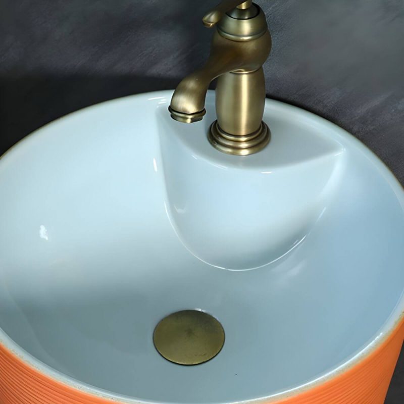 Hand Carved Bathroom Sink Freestanding Faucet Porcelain Pop-Up Drain Round - Sink Light Green